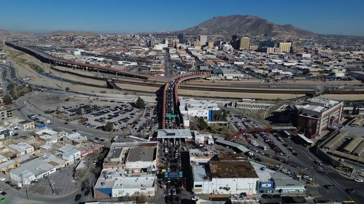 Cars cross the 'Paso del Norte' International Bridge at the U.S.-Mexico border between Ciudad Juarez, Mexico, bottom, and El Paso, Texas, top, Wednesday Feb. 11, 2026.