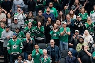 Dallas Stars fans cheer after a couple of fights broke out during the third period of an NHL...