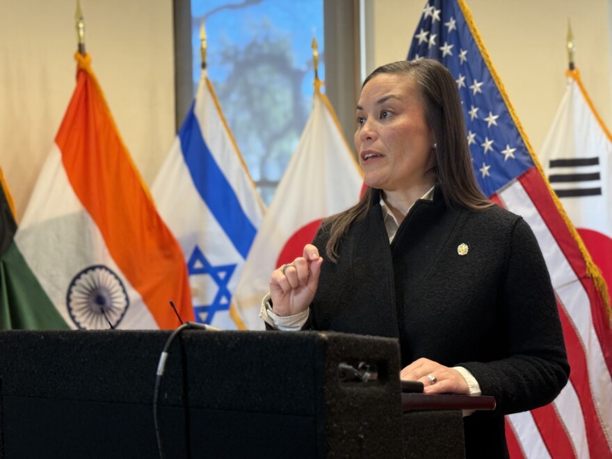 San Antonio Mayor Gina Ortiz Jones in City Hall's flag room on Tuesday, Feb