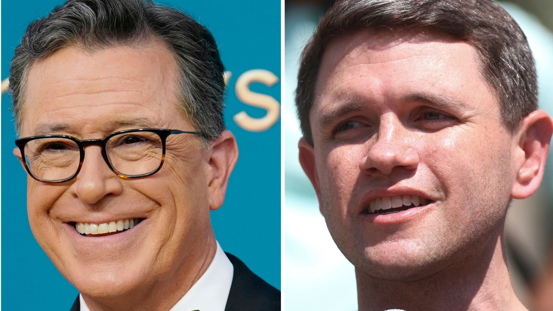 This photo combination shows Stephen Colbert, left, in Los Angeles, Sept. 12, 2022 and Texas Rep. James Talarico, Aug. 16, 2025, in Chicago.