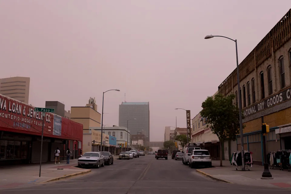 A dust storm brings high winds and low visibility to Downtown El Paso on May 14, 2025.