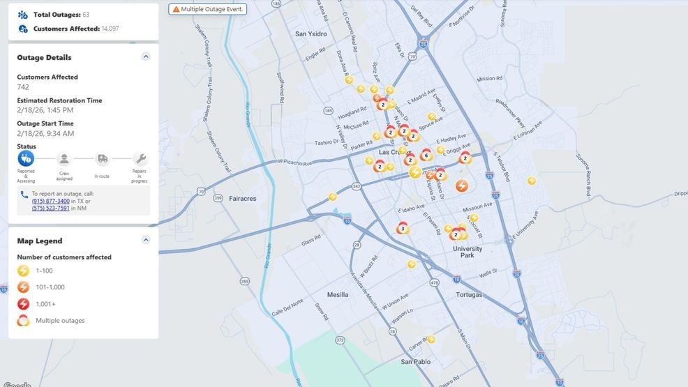 EP Electric power outage map showing the dozens of outages around Las Cruces. Feb. 18, 2026. Credit: EP Electric