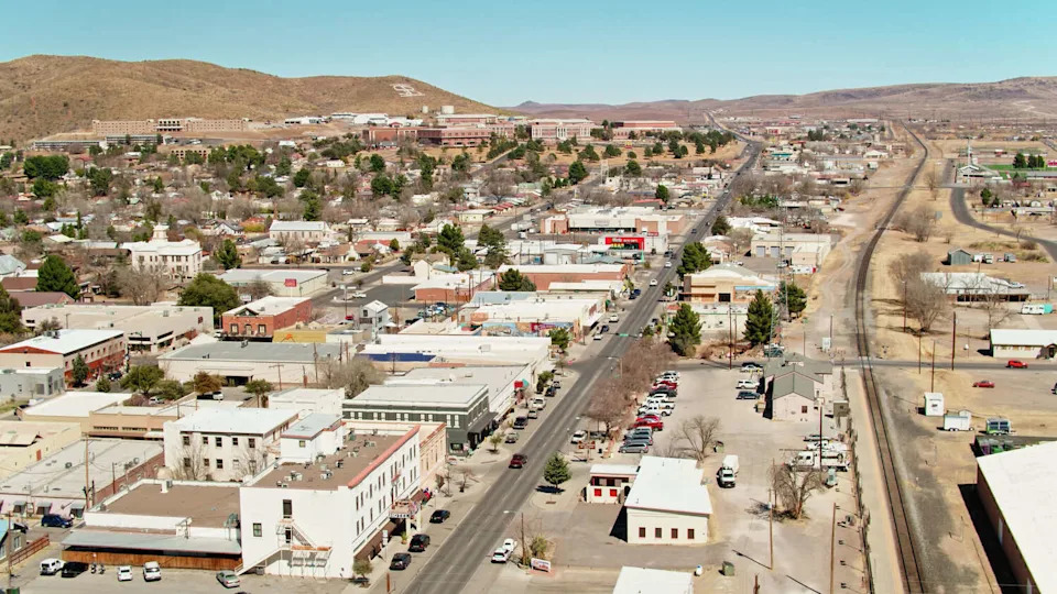 Drone shot of Alpine, Texas, a small city in the Big Bend region of West Texas on a clear day in early spring. (Getty Images/ halbergman)