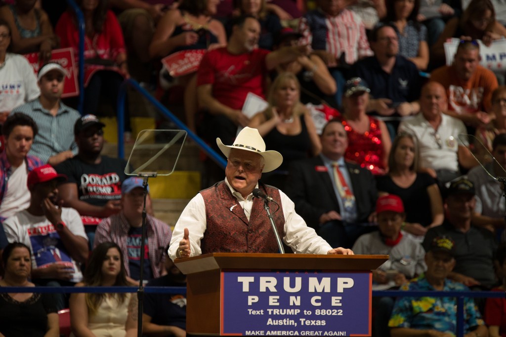 Miller speaks to the crowd at the Travis County Exposition Center ahead of an appearance by Republican presidential nominee Donald Trump speaks at a campaign rally in Austin on Aug. 23, 2016.