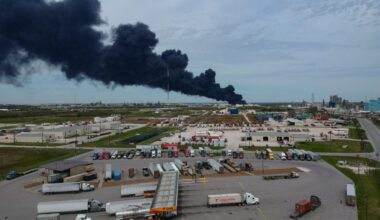 A drone photo of the International Terminals Company fire in Deer Park, on March 18, 2019.