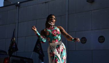 Voters line up at a polling station on Election Day in Houston