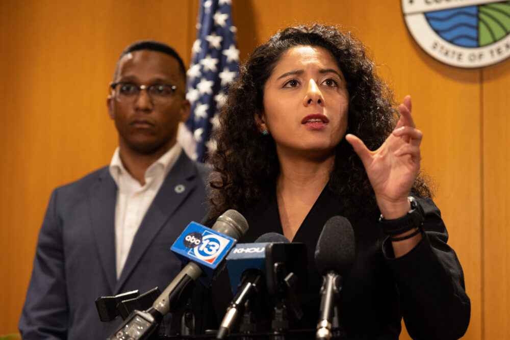 Harris County Judge Lina Hidalgo talks about potential legal action after Texas Comptroller Glenn Hegar accused the county of defunding law enforcement. Taken on Feb. 16, 2023. 