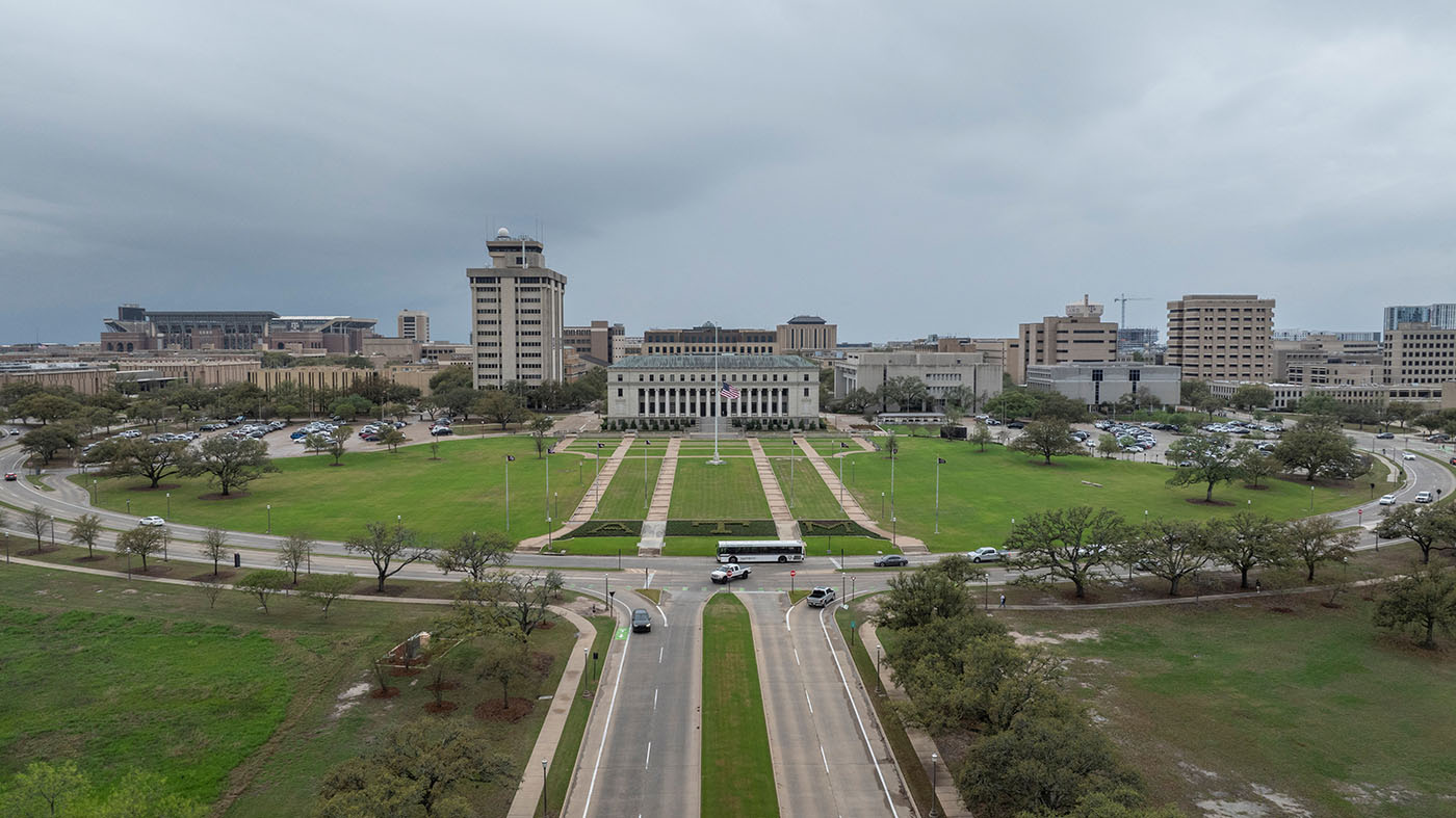 Texas A&M University's East Lawn and Jack K. Williams Administration Building