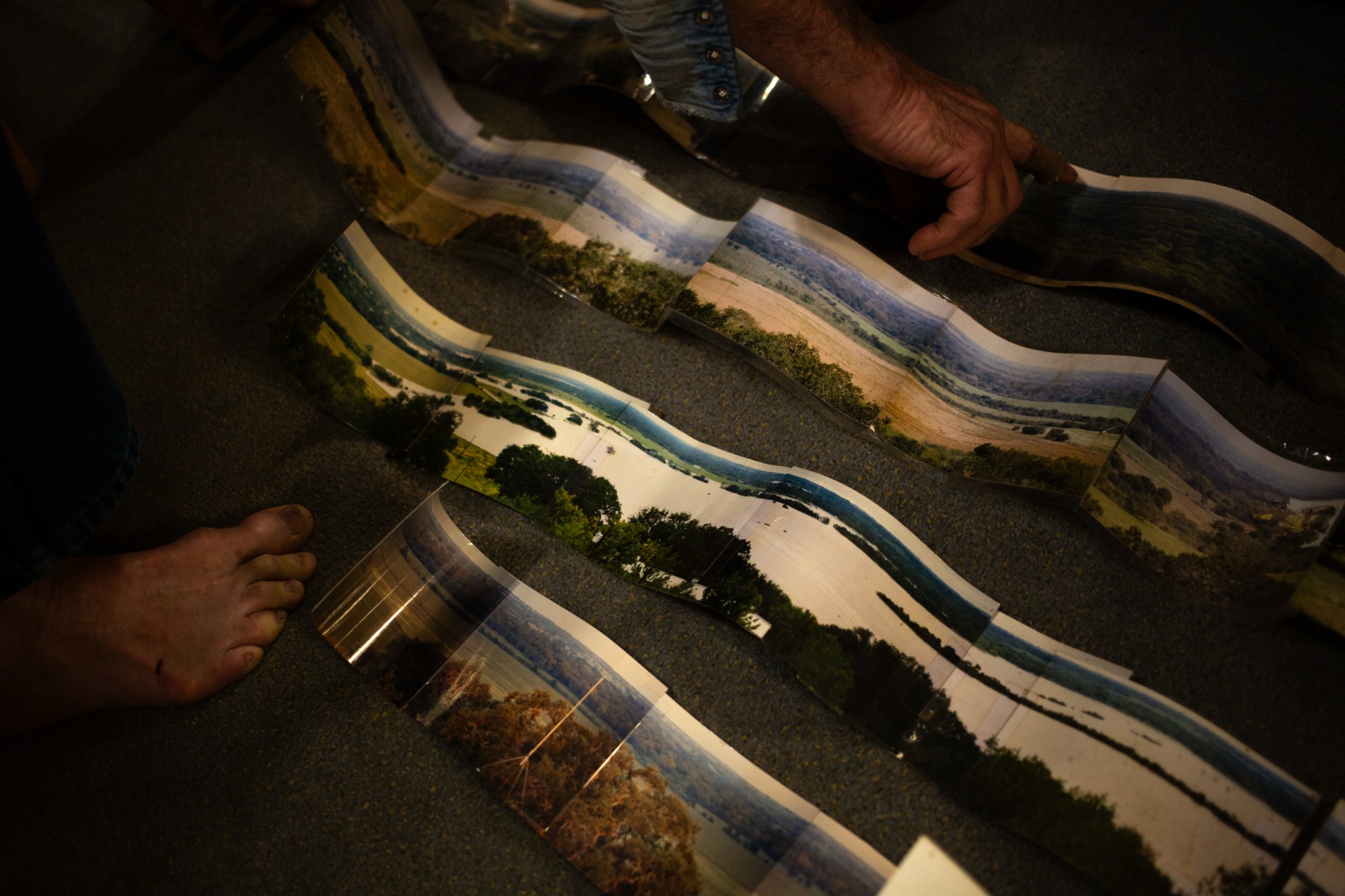 Muir taped together photographs in an effort to capture the scale of flooding on the Guadalupe River in October 1998.