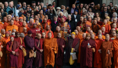 A group of Buddhist monks on the 2,300-mile "Walk for Peace" stand outside the National Cathedral in Washington