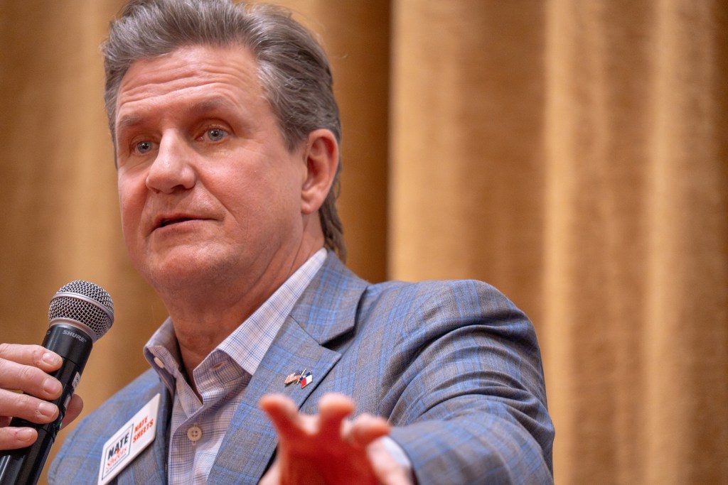 Nate Sheets speaks at a debates with Sid Miller to become the next Agriculture Commissioner at a candidate forum at the Robson Ranch Republican Club in Denton on Jan. 15, 2026.