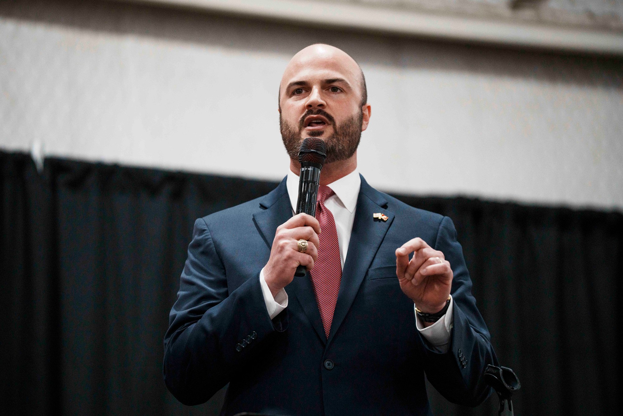 Candidate for Texas Attorney General Aaron Reitz answers a question from a moderator during a Texas Republican candidate debate forum at the Civic Center in Canton on Saturday, January 17, 2026.