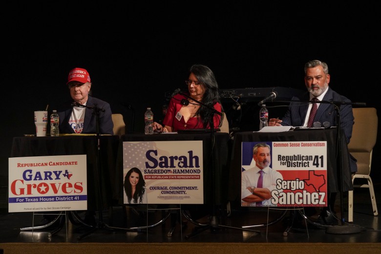 From left: Gary Groves, Sarah Sagredo Hammond, and Sergio J. Sánchez, Republican primary candidates for state House District 41, participate during the Hidalgo County Republican Party Candidate Forum at the Christian Fellowship Church in McAllen on Jan. 29, 2026. Gabriel V. Cárdenas for The Texas Tribune