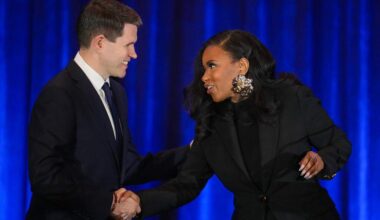 State Rep. James Talarico, left, and U.S. Rep. Jasmine Crockett, Democratic primary candidates for U.S. Senate, shake hands prior to a debate at the Texas AFL-CIO COPE Convention in Georgetown, Texas,  on Jan. 24, 2026.