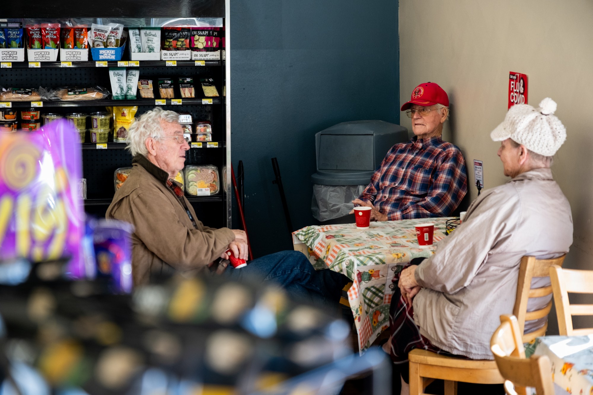 Dale and Donna Wagner spend their afternoon having coffee with Doyle Dickerson, red hat, at Brookshire Brothers Express, on Thursday January 29, 2026, in Pineland.