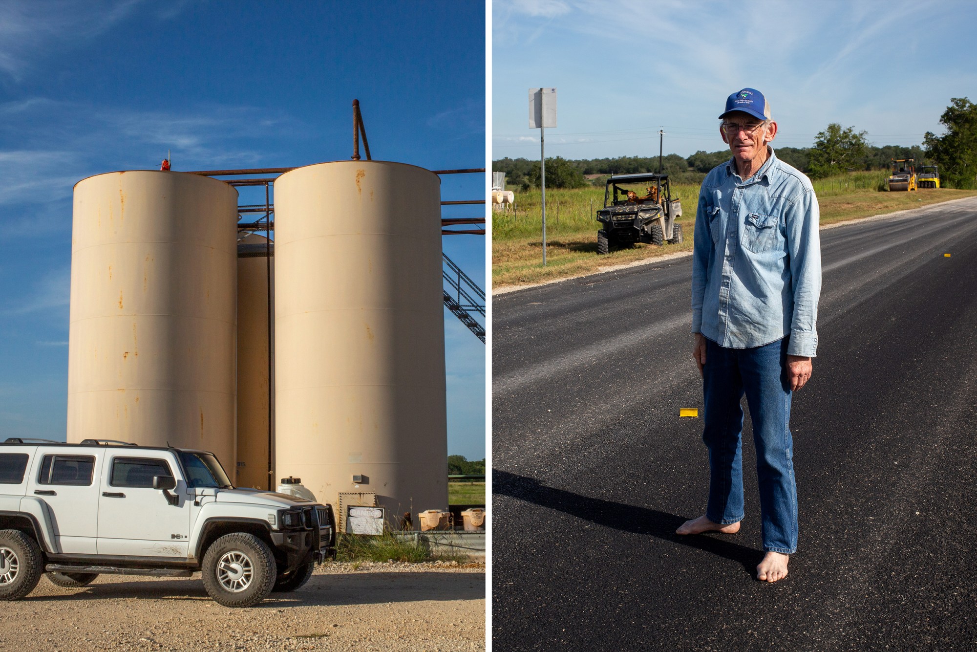 Left: This battery of four tanks on Dubose's land would come under 13 feet of water in a 500-year flood, according to FEMA estimates. Right: Blake Muir stands on Highway 183 in Gonzales County near the waterline of the October 1998 flood.