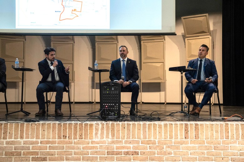 From left: Julio Salinas, Victor “Seby” Haddad and Eric Holguín, Democratic candidates for state House District 41, debate at the University of Texas Rio Grande Valley in Edinburg on Feb. 11, 2026.