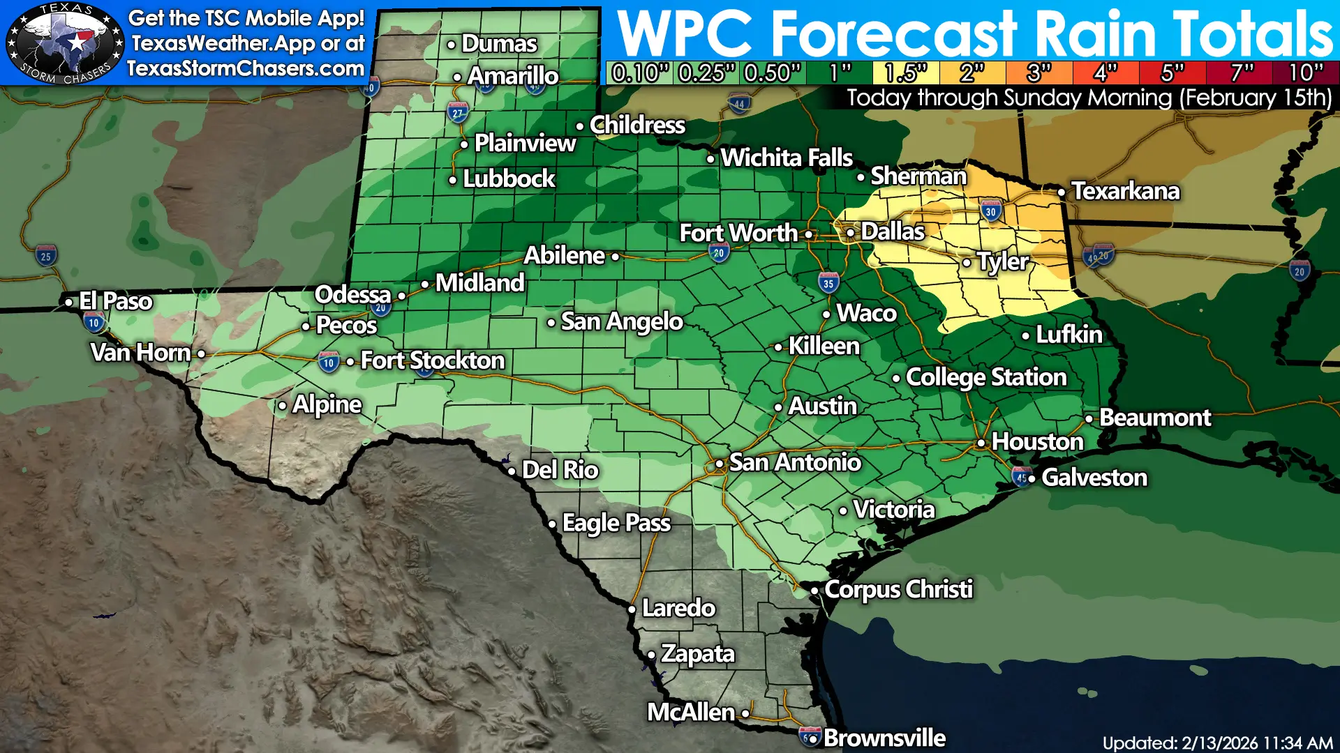 WPC forecast rain totals map showing widespread rain across Texas through Sunday morning, with heavier totals in North Texas and East Texas including Dallas, Tyler, and Texarkana.