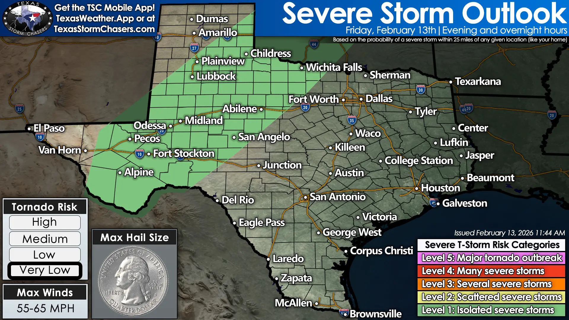 Severe storm outlook map for Texas showing a very low tornado risk and isolated severe storm potential across West Texas including Midland, Odessa, and Abilene Friday evening and overnight.