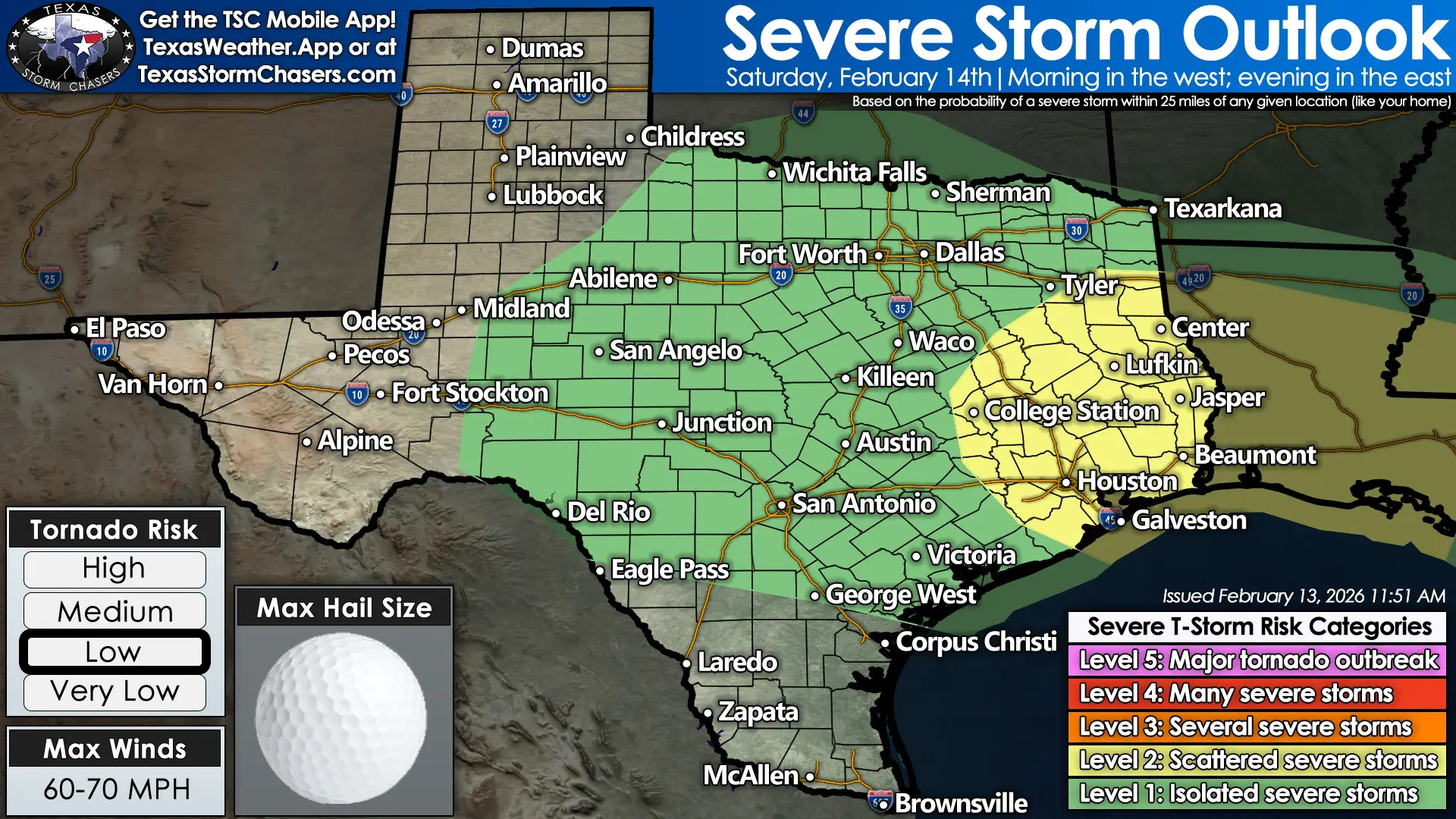 Severe storm outlook map for Texas showing isolated severe storms in West Texas in the morning and scattered severe storms across East Texas including Houston and College Station Saturday afternoon and evening.