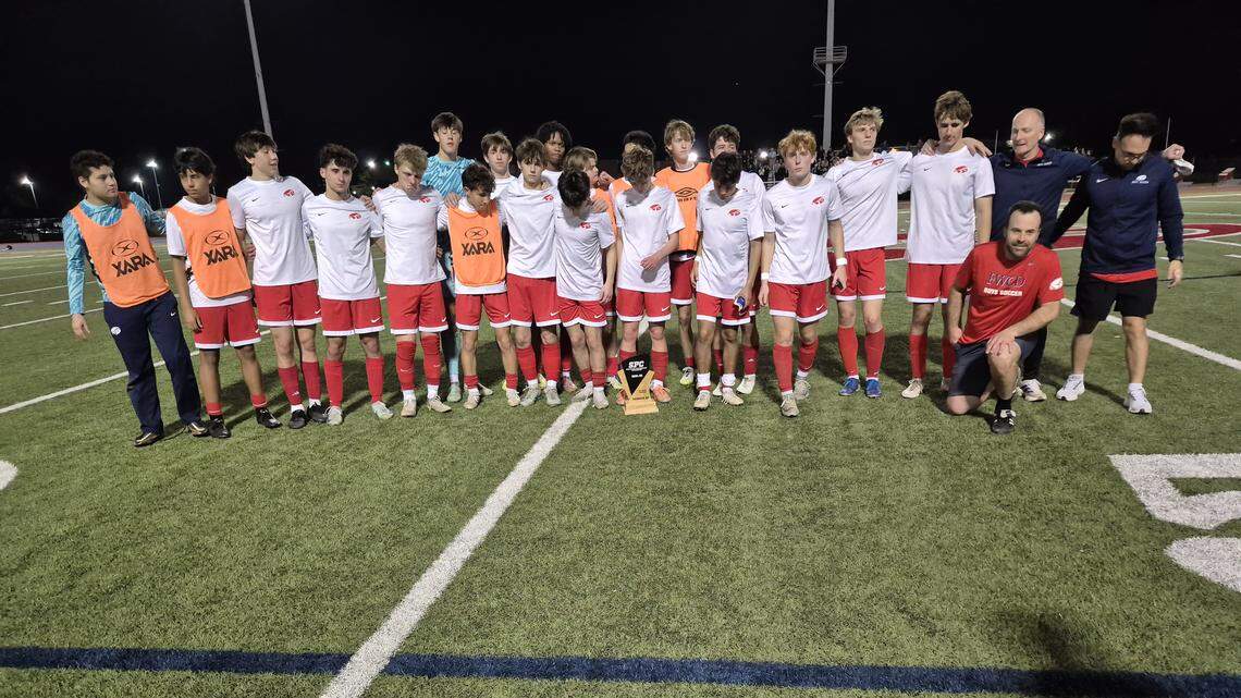 Fort Worth Country Day boys soccer gets together for a picture following the SPC Class 3A championship game on Tuesday, Feb. 17, 2026.