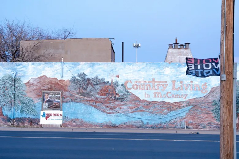 A campaign sign for Brandon Herrera in front of a mural in McCamey on Feb.24, 2026. McCamey is about 55 miles south of Odessa in Upton County.