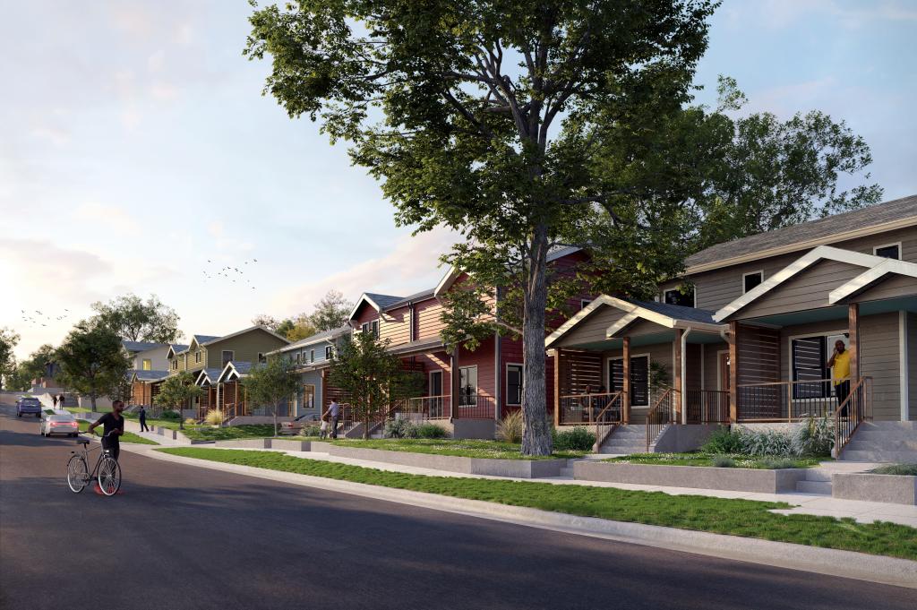 Image shows rendering of six two-story duplexes on a tree-lined residential street – for a total of 12 townhomes. The townhomes range in color from orange to blue to brown. The exterior of the two-story townhomes is vinyl siding plank. Each townhome has a covered front porch. 