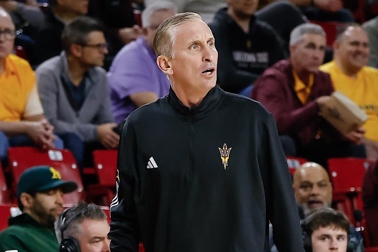 TEMPE, AZ - FEBRUARY 17: Arizona State Sun Devils head coach Bobby Hurley reacts to a call during the college basketball game between the Texas Tech Red Raiders and the Arizona State Sun Devils on February 17, 2026 at Desert Financial Arena in Tempe, Arizona. (Photo by Kevin Abele/Icon Sportswire via Getty Images)