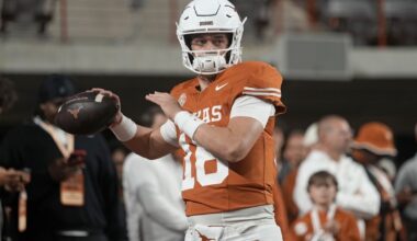 Nov 28, 2025; Austin, Texas, USA; Texas Longhorns quarterback Arch Manning warms up before a game against the Texas A&M Aggies at Darrell K Royal-Texas Memorial Stadium. Mandatory Credit: Scott Wachter-Imagn Images