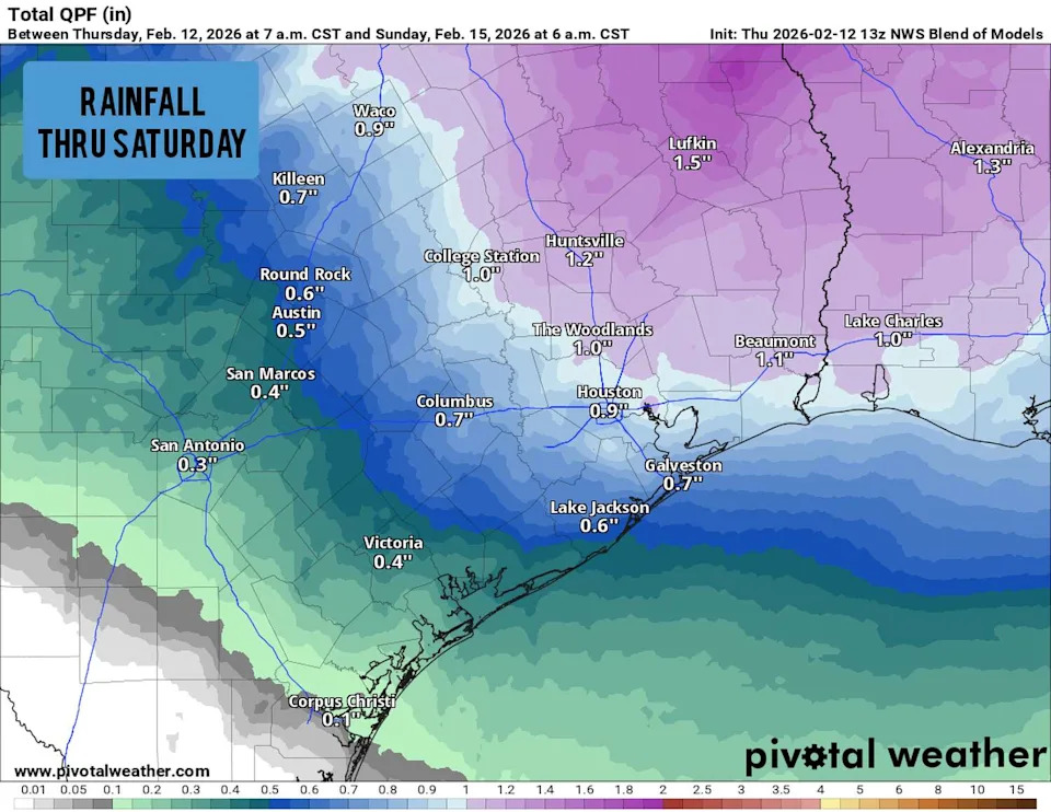 Shown are the potential cumulative rainfall totals across South Texas through Saturday. Much of San Antonio will see less than a half-inch of rain. (Pivotal Weather)