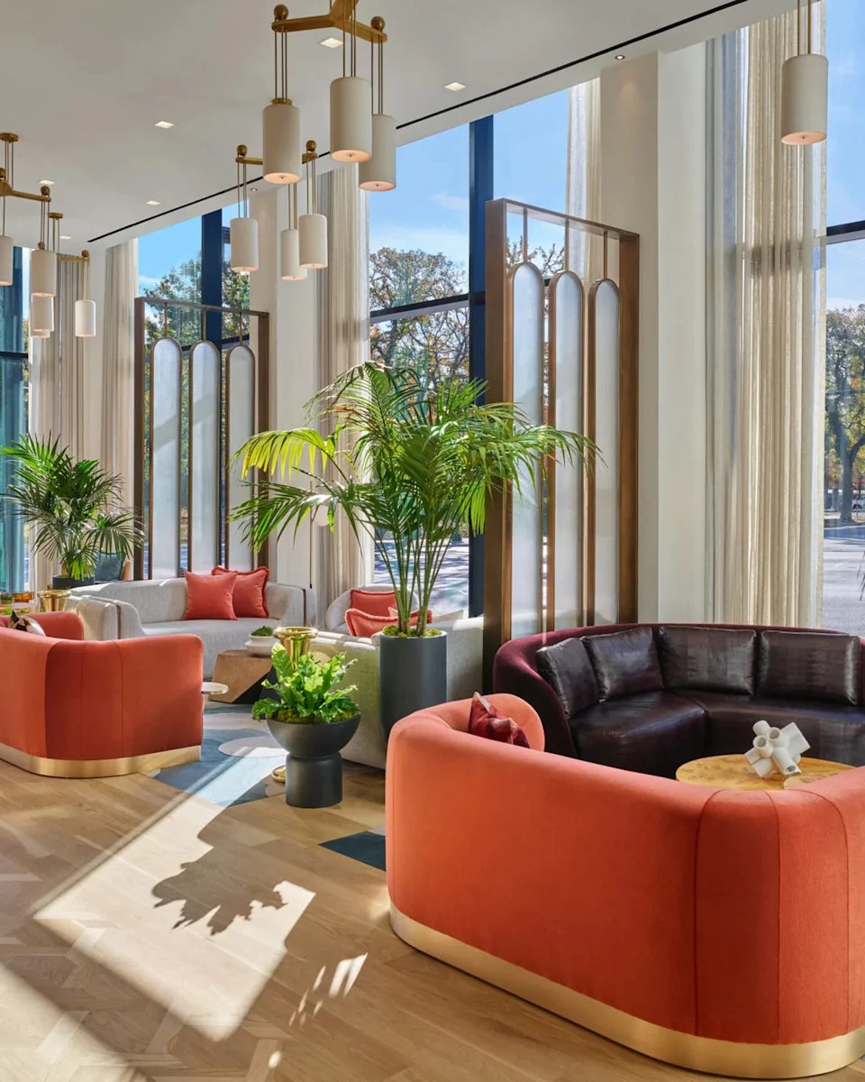 bar restaurant area with bright orange seating