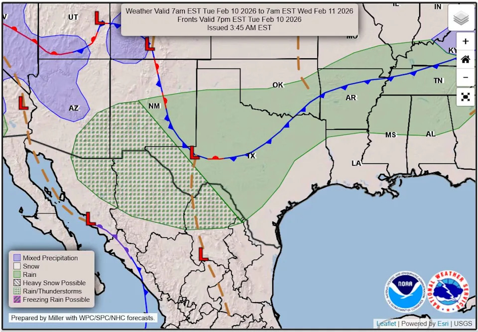 A Pacific storm system will move over the Lone Star State on Tuesday and into Wednesday with a good rain chance for Central and South Texas. (Weather Prediction Center)