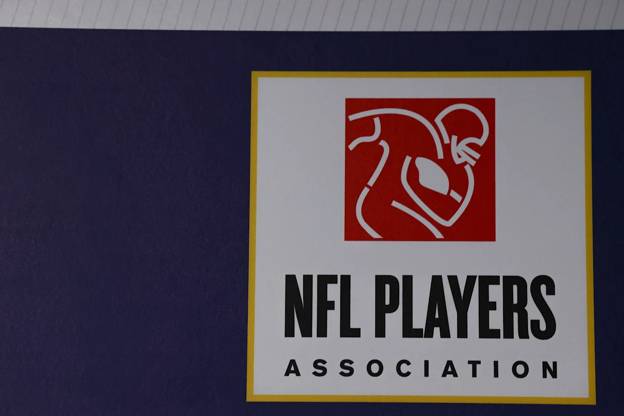 CANTON, OHIO - AUGUST 24: A detail of the NFL Players Association logo on August 24, 2025 in Canton, Ohio. (Photo by Aaron M. Sprecher/Getty Images)