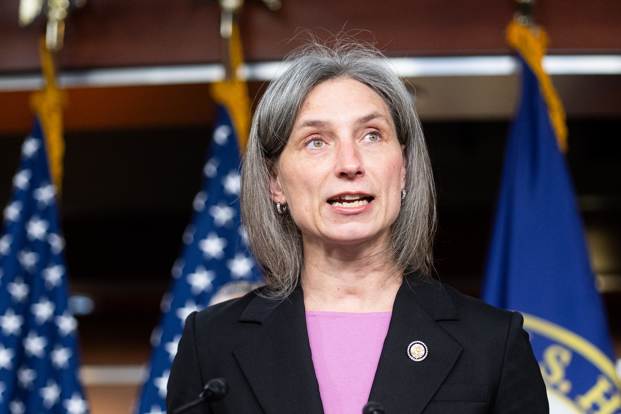 Rep. Maxine Dexter, D-Oregon, speaks during Rep. Robin Kelly's news conference to introduce articles of impeachment against Secretary of Homeland Security Kristi Noem in the U.S. Capitol on Wednesday, Jan. 14, 2026.  (Bill Clark/CQ-Roll Call, Inc via Getty Images)