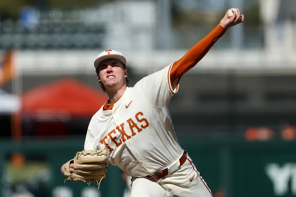 AUSTIN, TX – FEBRUARY 22: Pitcher Dylan Volantis #99 of the Texas Longhorns pitches the ball during the college baseball game between Texas Longhorns and Michigan State Spartans on February 22, 2026, at UFCU Disch-Falk Field in Austin, TX. (Photo by David Buono/Icon Sportswire via Getty Images)
