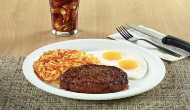 An image the steak and eggs on the menu.