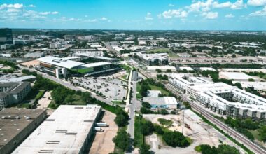 Drone shot showing Q2 stadium and the rezoned site