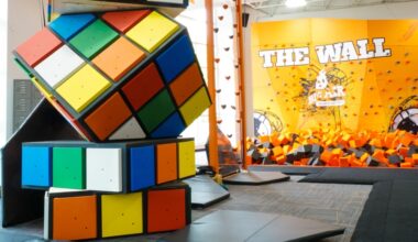 The inside of a Big Air trampoline park