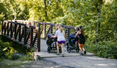People walking on a trail with strollers
