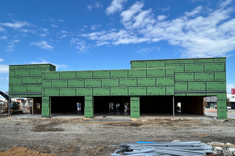 An under-construction one-story building.