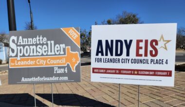 Campaign signs stood outside Leander City Hall ahead of the Feb. 7 special election. (Daniel Schwalm/Community Impact)