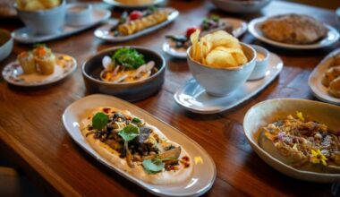 Spread of food offerings from Roya on a table