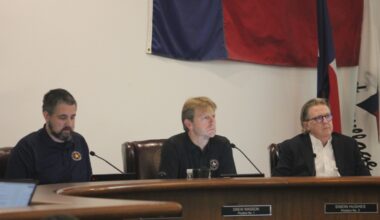 Jersey Village Mayor James Singleton, council member Drew Wasson and council member Simon Hughes attended the Feb. 9 meeting. (Jessica Shorten/Community Impact)