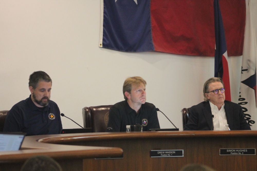 Jersey Village Mayor James Singleton, council member Drew Wasson and council member Simon Hughes attended the Feb. 9 meeting. (Jessica Shorten/Community Impact)
