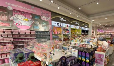 Interior of a retail space with collectible items displayed on shelves.