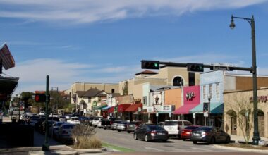 The streets of downtown San Marcos lined with parked cars.