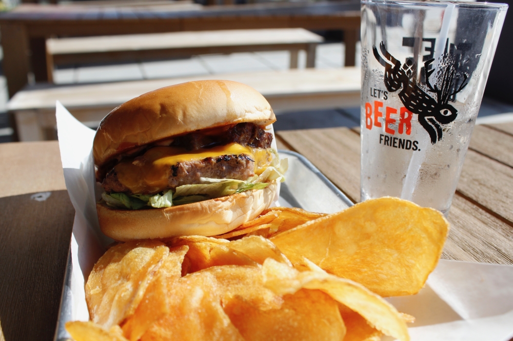 a burger and side of chips