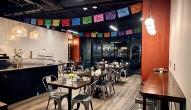 Mexican restaurant with orange and white walls and colorful flags
