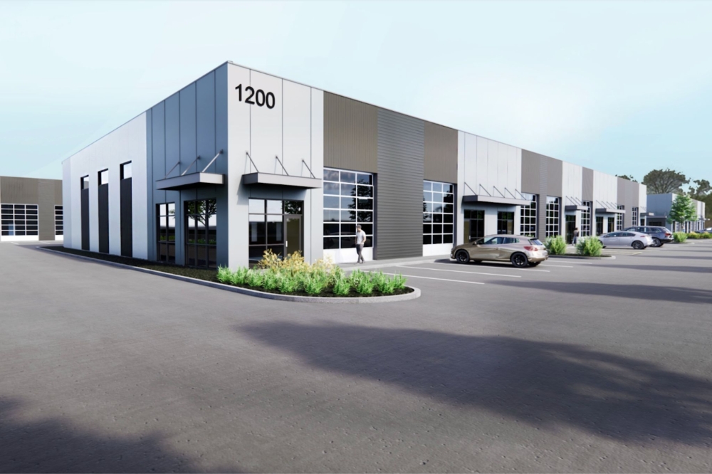 A rendering of the white and grey square buildings of Lone Star Business Park in Buda.