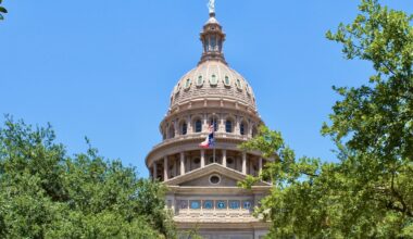 The Texas Capitol surrounded by trees on a clear, sunny day.